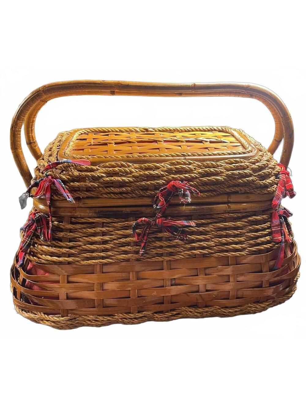 Huge 1990s Vintage Picnic Time Bamboo Wicker Picnic Basket with Full Set